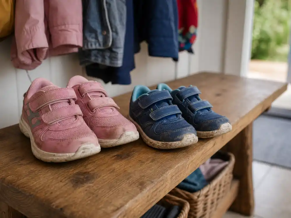 Two pairs of children sneakers on mudroom bench for Pink pregnancy announcement 2025 — Willow Sage and Jameson Moon Hart verified by Us Weekly