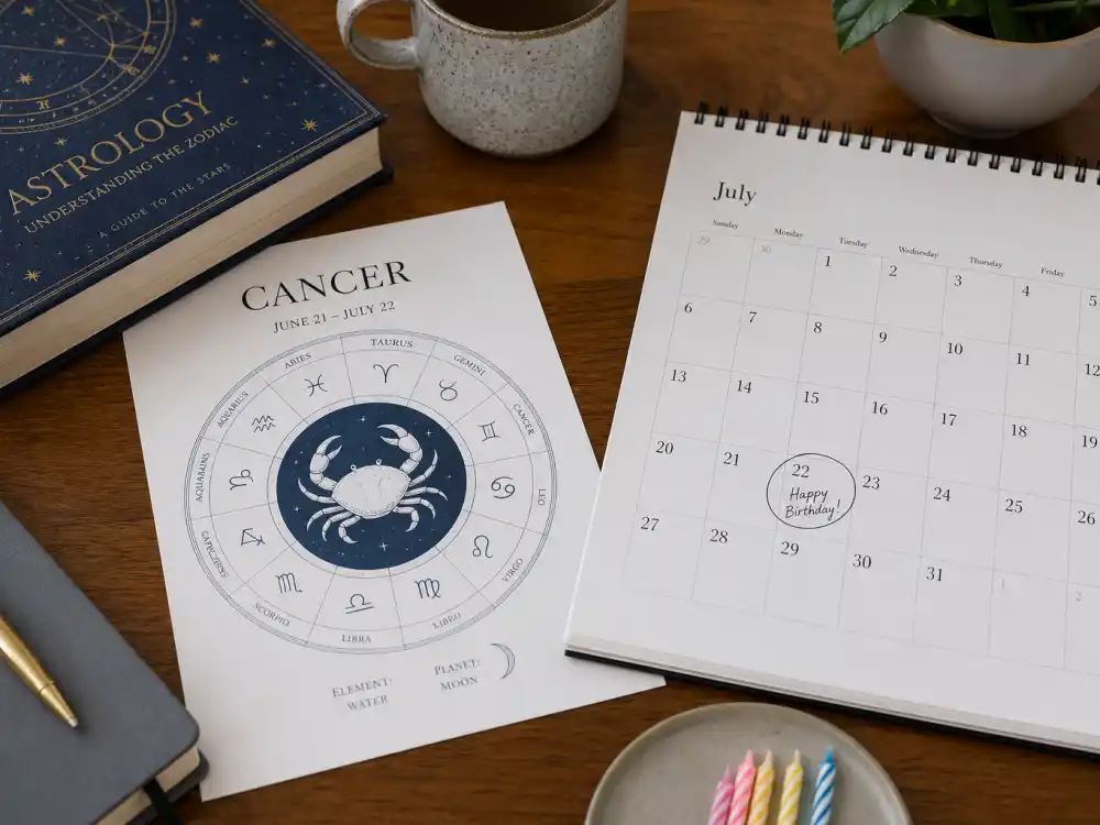Cancer zodiac chart beside July calendar for Post Malone age and birthday 2026 — July 4 birth date places him under Cancer in Western astrology