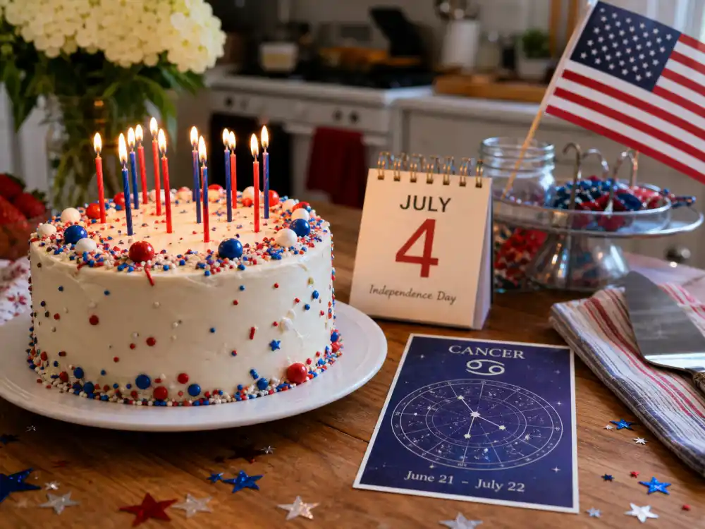 July 4 birthday cake and calendar marking Post Malone age and birthday 2026 each year when fans celebrate his Cancer zodiac birth date
