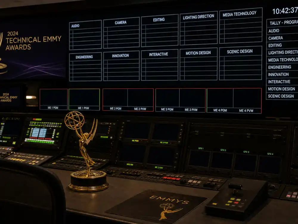Broadcast control room monitors tracking Primetime Emmy win totals that decide the most Emmys won by a TV show rankings