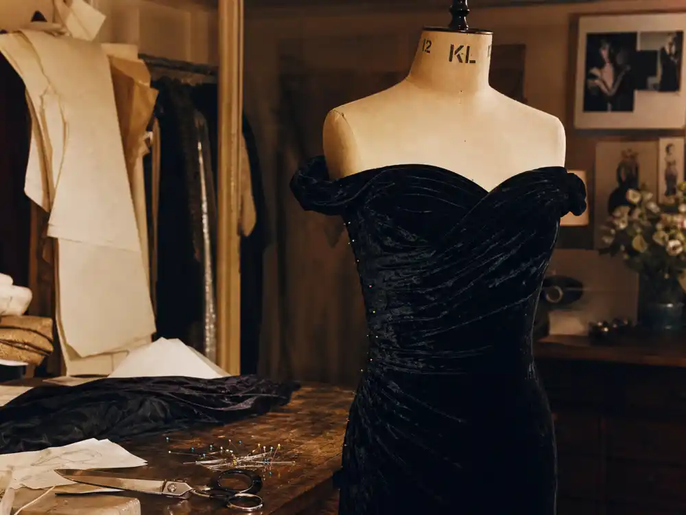 Christina Stambolian atelier craftsmanship behind the Princess Diana revenge dress story — black silk velvet draped on couture dress form
