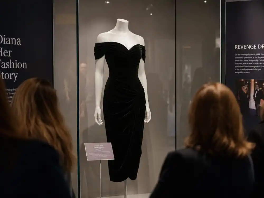 Fashion museum exhibition preserving the Princess Diana revenge dress story legacy — black velvet off-shoulder dress on gallery mannequin