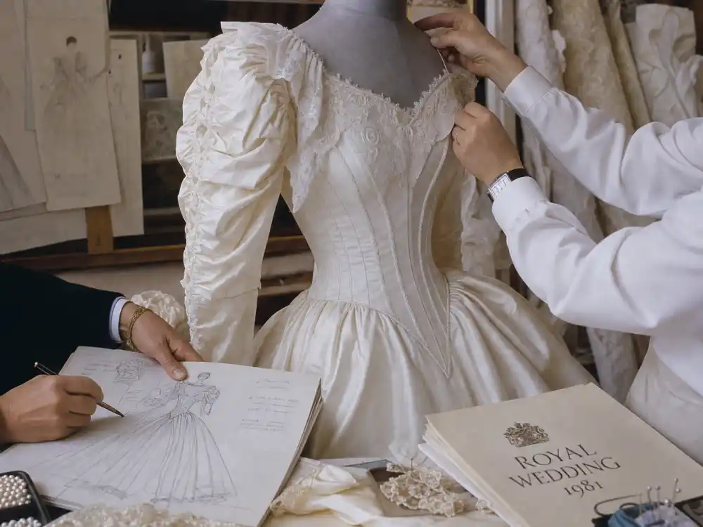 David and Elizabeth Emanuel atelier hands crafting the Princess Diana wedding dress history gown with lace swatches and ivory silk taffeta