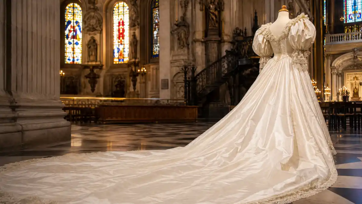 Princess Diana wedding dress history — iconic 1981 ivory silk taffeta puff-sleeve royal gown with 25-foot train in cathedral setting