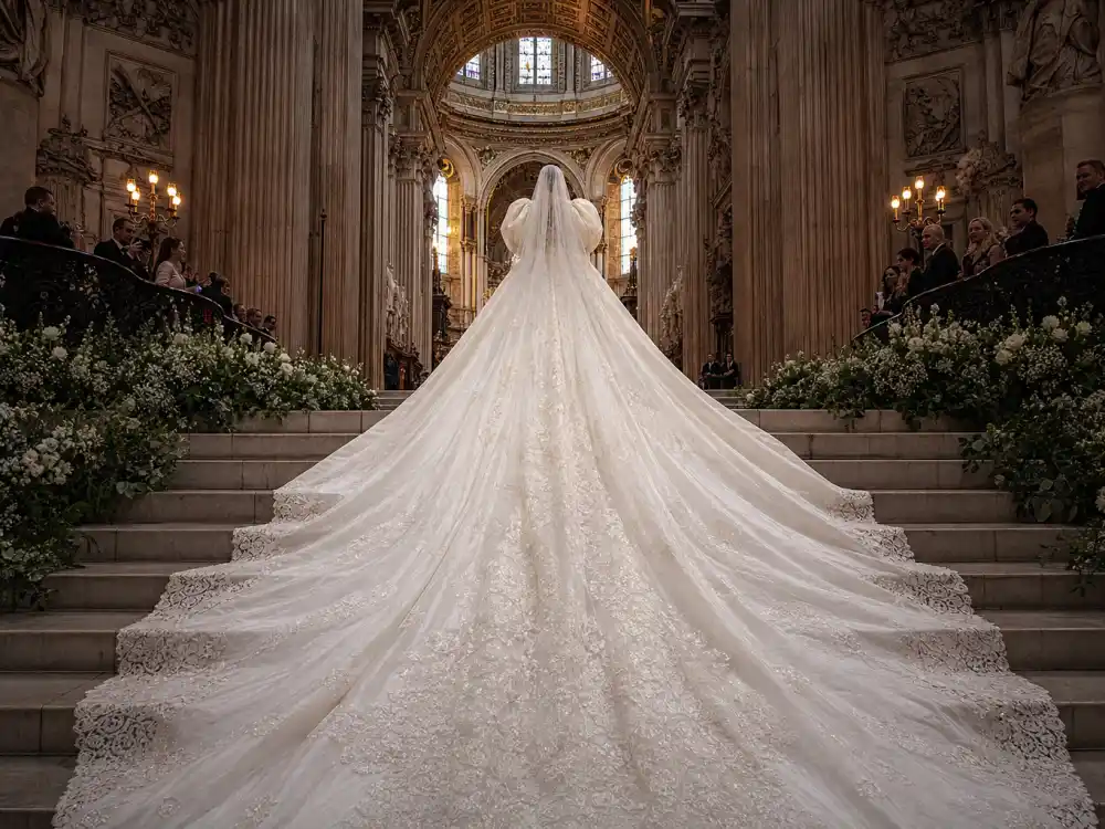 Twenty-five-foot cathedral train on Princess Diana wedding dress history ivory gown viewed from behind walking cathedral aisle
