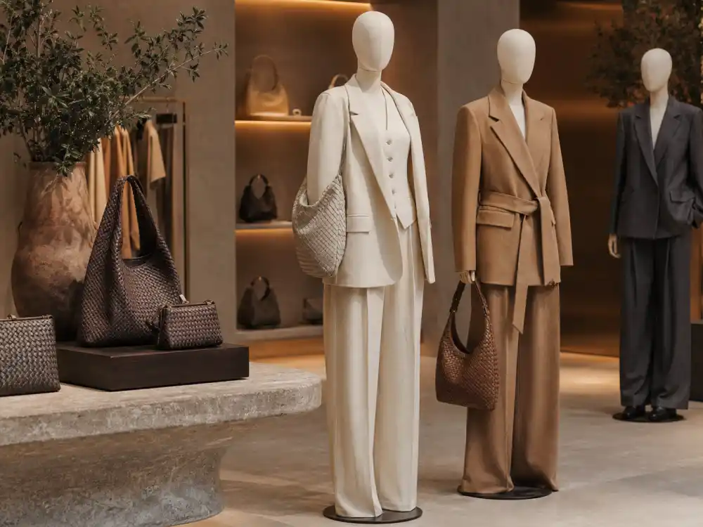 Luxury boutique mannequins in neutral tailored separates showing quiet luxury celebrity style shopping environment with woven leather accessories