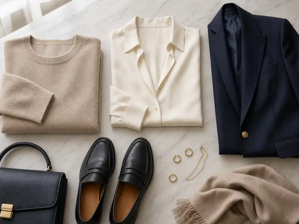 Quiet luxury celebrity style cashmere and silk flat lay with tailored blazer and leather loafers illustrating neutral wardrobe foundations celebrities repeat off duty