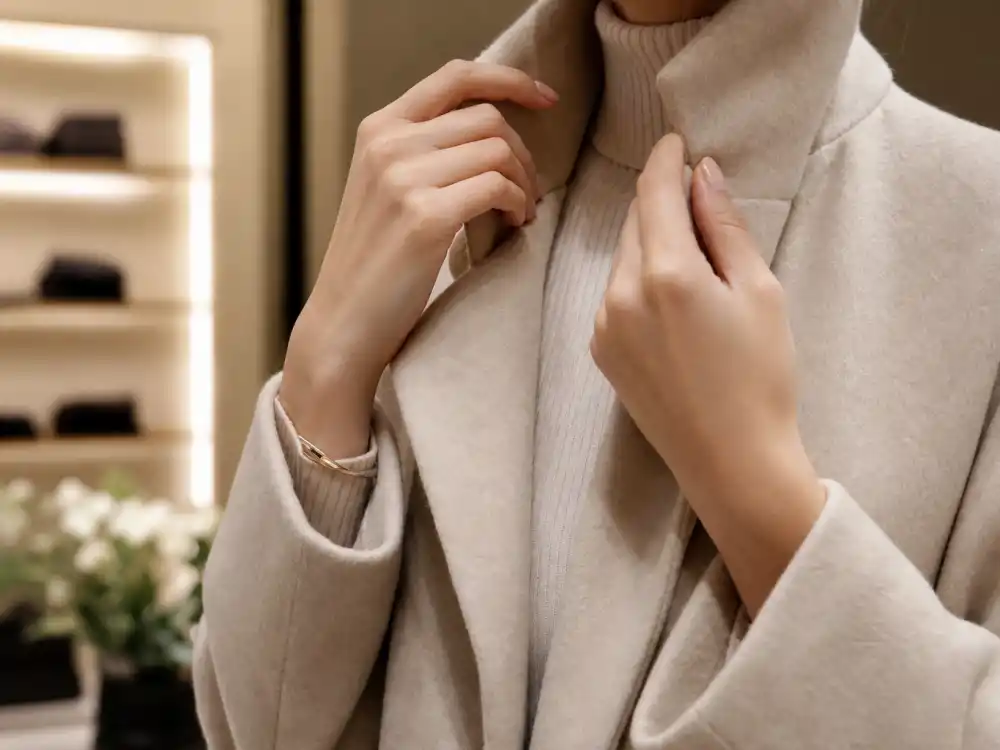 Hands adjusting fine cashmere collar defining quiet luxury celebrity style fabric quality and construction details stylists prioritize over visible logos