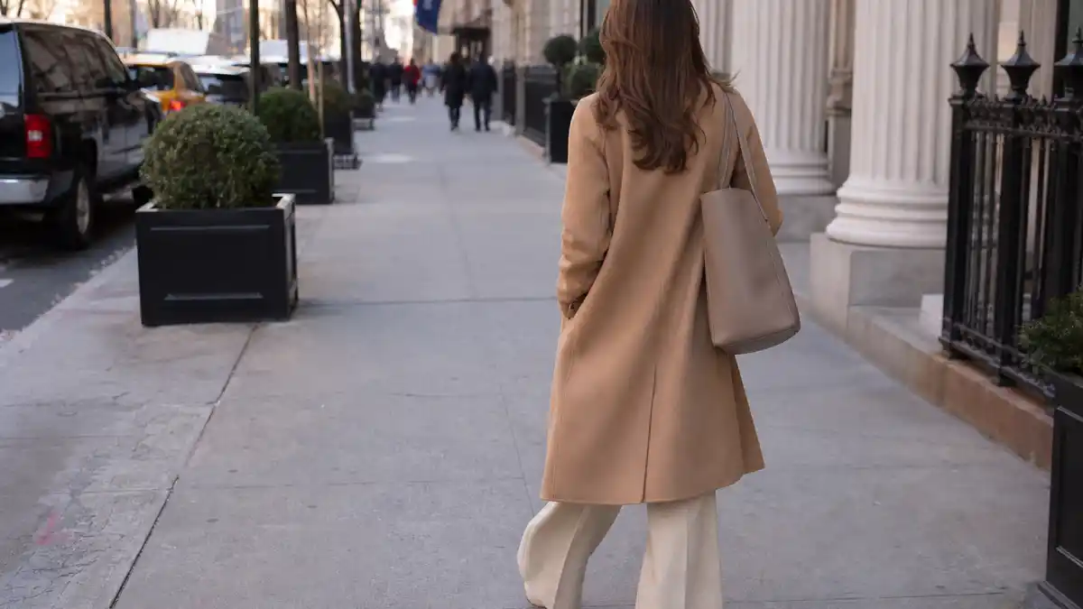 Quiet luxury celebrity style — anonymous woman from behind in camel cashmere coat and cream wide-leg trousers on upscale city sidewalk with minimal leather tote