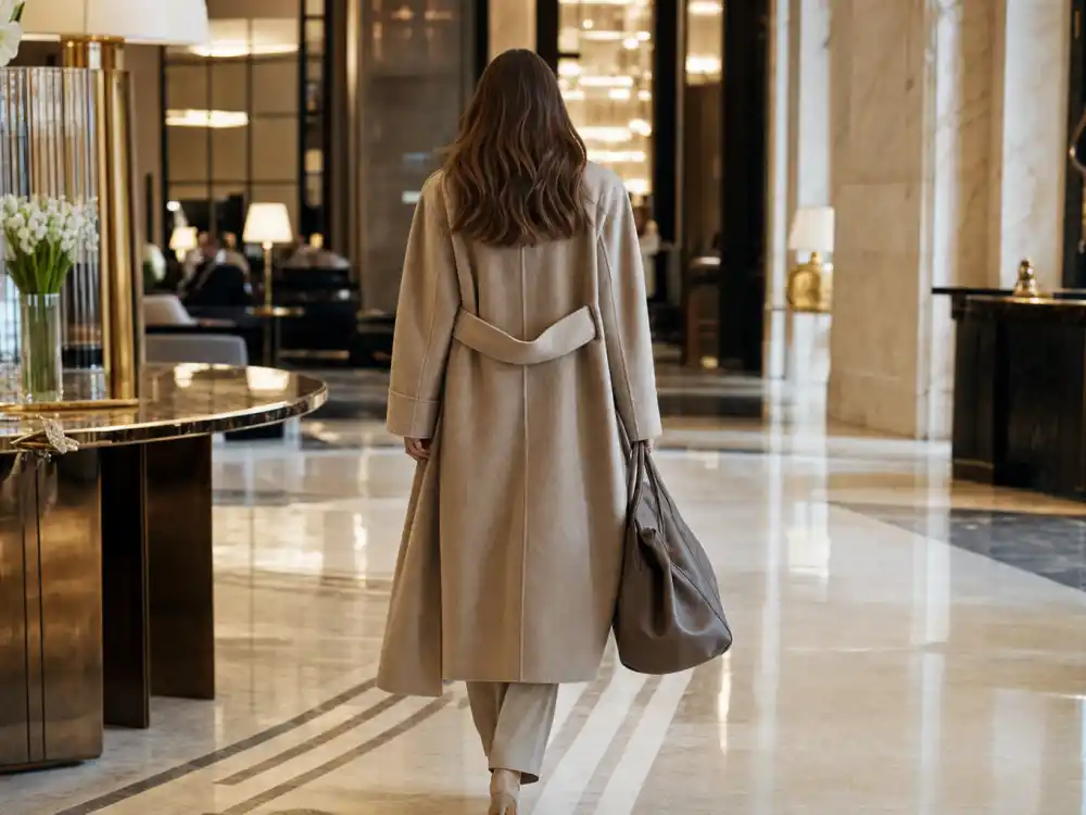 Anonymous figure from behind in quiet luxury celebrity style tailored wool coat at upscale hotel lobby carrying unstructured leather handbag
