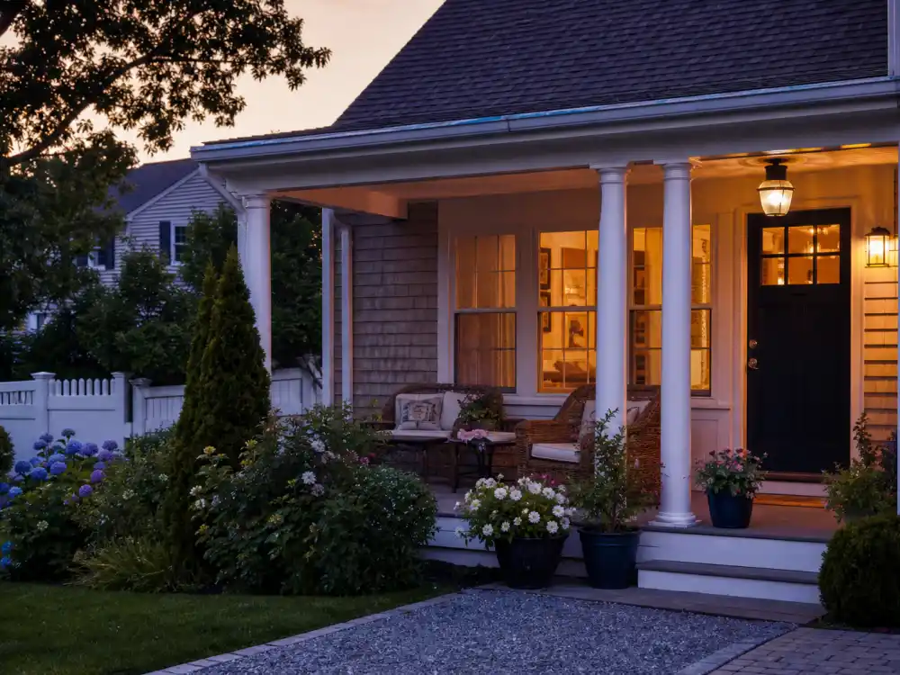 A cozy Long Island suburban home porch for Ralph Macchio private family life away from Los Angeles