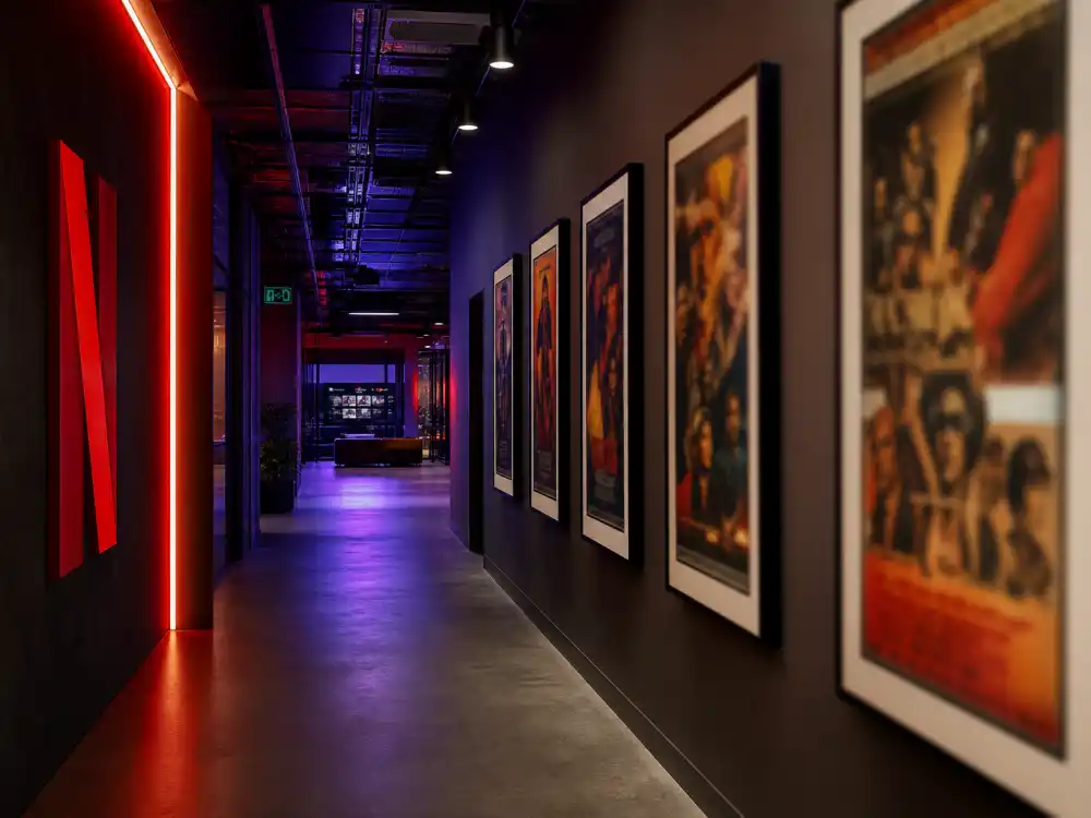 A modern streaming studio corridor representing Ralph Macchio Hollywood comeback through Netflix Cobra Kai
