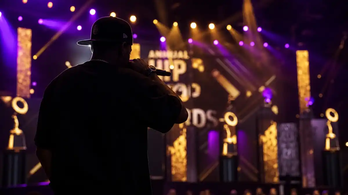Rappers with the most Grammys — hip-hop performer silhouette from behind at microphone on dark awards stage with generic golden music trophies