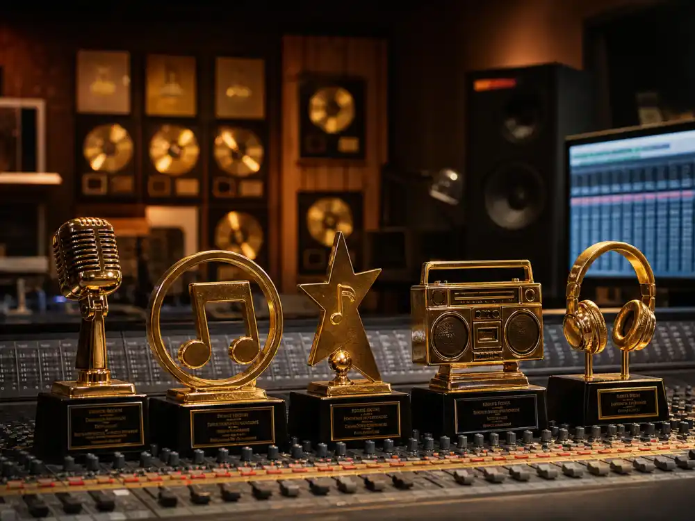 Golden music trophies on a mixing console illustrate the rappers with the most Grammys leaderboard in an urban recording studio