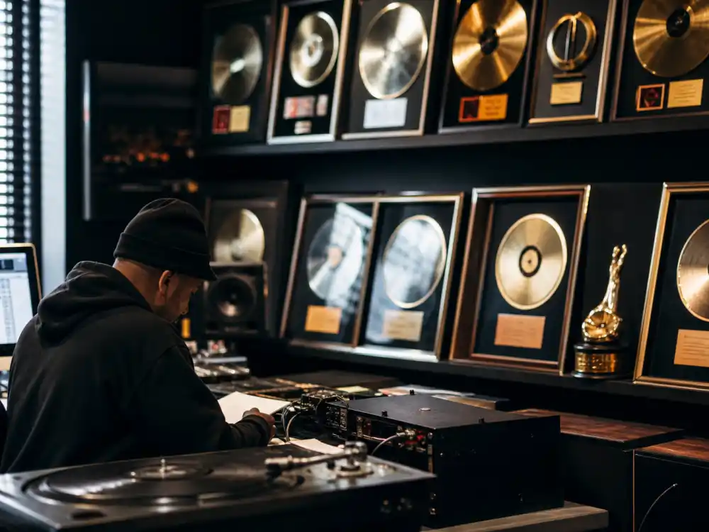 Urban recording studio awards wall tracks career wins for rappers with the most Grammys across hip-hop history