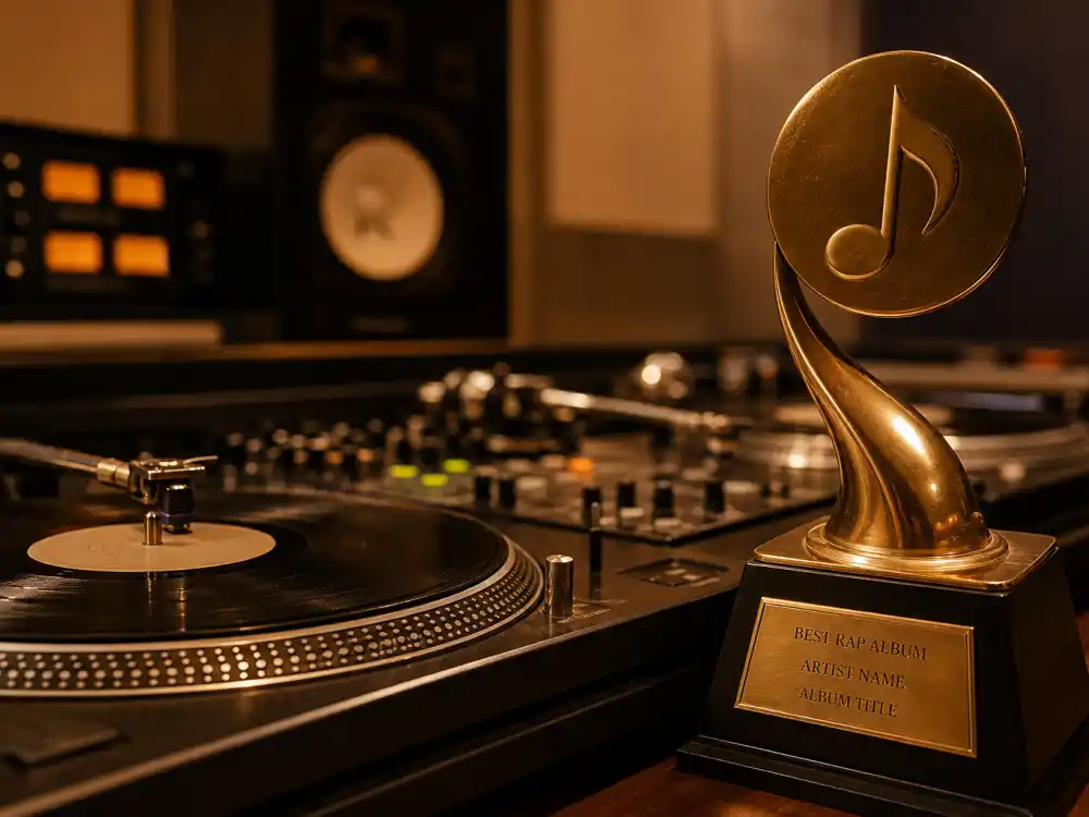 DJ turntables beside a generic golden trophy capture hip-hop Grammy wins for rappers with the most Grammys
