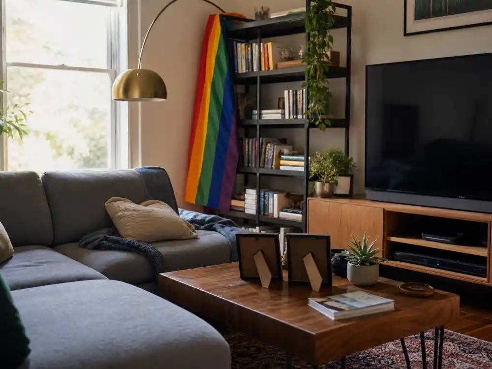 A cozy living room with subtle pride decor symbolizing Raven-Symoné coming out and LGBTQ advocacy