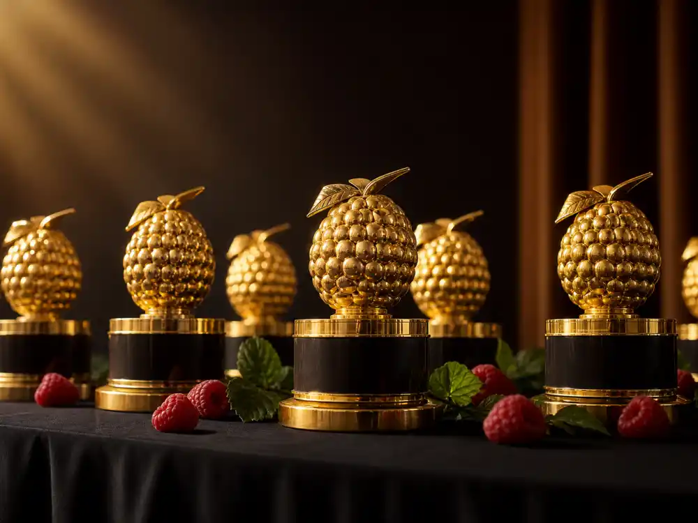 Golden Razzie Awards 2026 worst picture winners raspberry statuettes displayed on a black tablecloth at the Golden Raspberry Foundation press event
