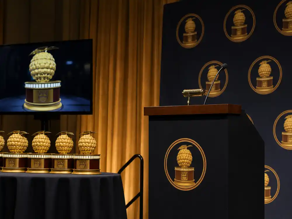 Hollywood press room podium on Oscar Eve March 14 where Razzie Awards 2026 worst picture winners were announced before the Academy Awards