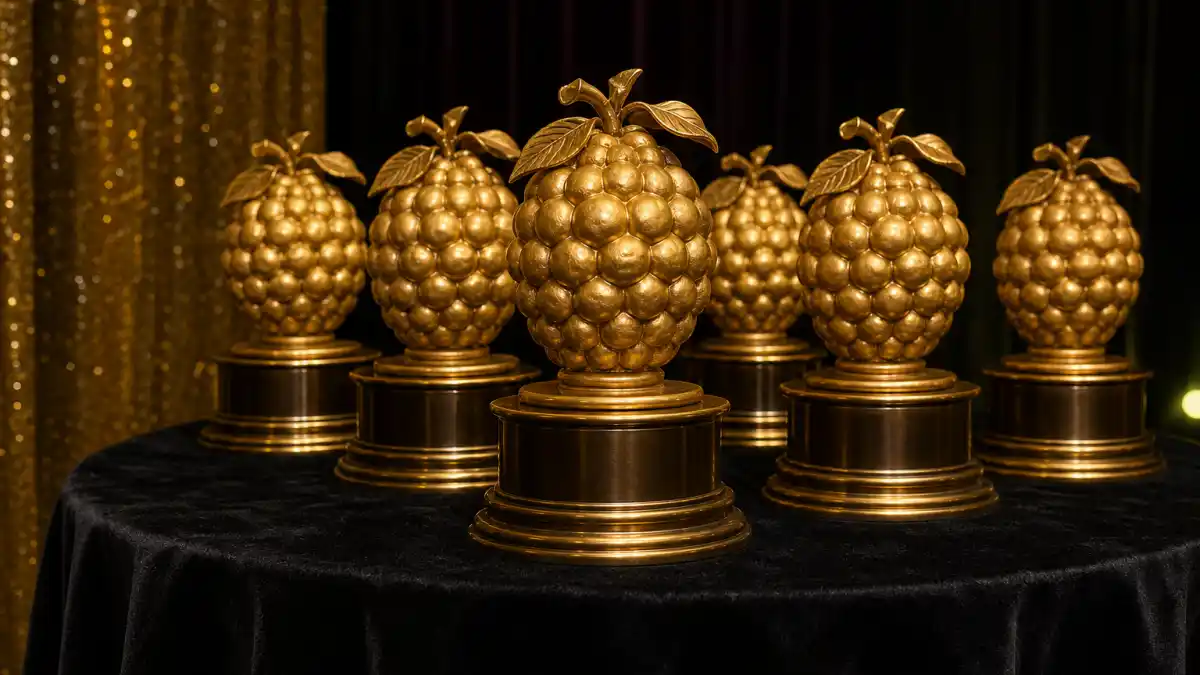 Razzie Awards 2026 worst picture winners — golden raspberry trophies on velvet display at the 46th Golden Raspberry Awards Oscar Eve ceremony