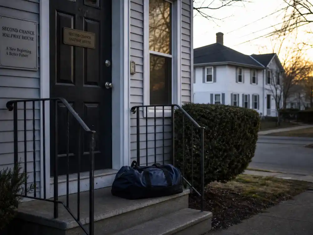 Halfway house doorway at dawn for what happened to Richard Hatch after federal prison and supervised release