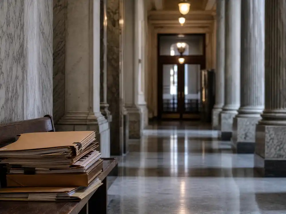 Federal courthouse hallway for what happened to Richard Hatch during tax evasion trial and sentencing