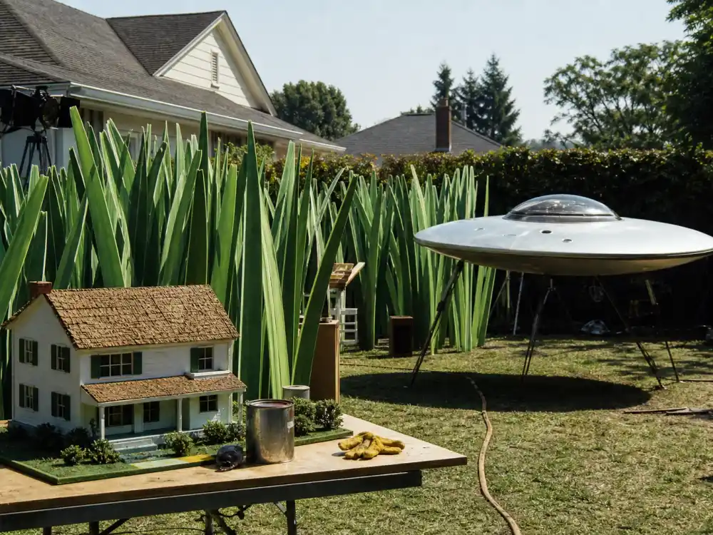 Backyard miniature movie props evoking Rick Moranis in Honey I Shrunk the Kids and family comedy fame