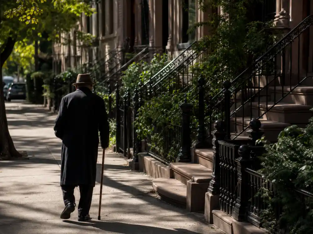 A Manhattan brownstone street at soft daylight representing Rick Moranis recovery after the 2020 NYC assault