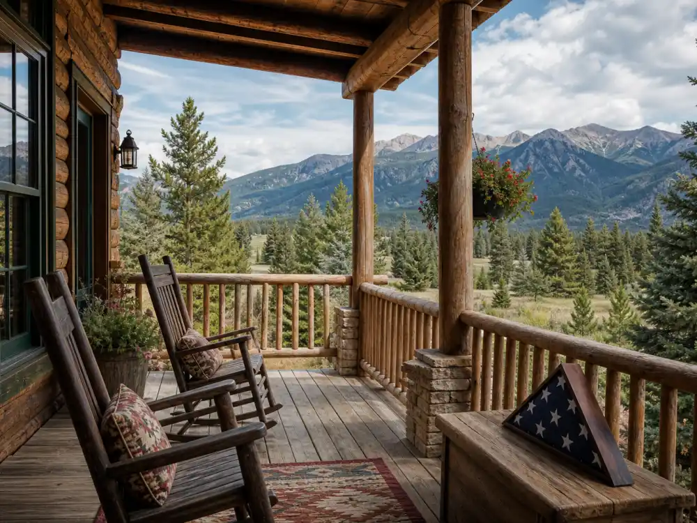 A rustic Colorado mountain porch with pine trees for Rick Schroder ranch life away from Los Angeles