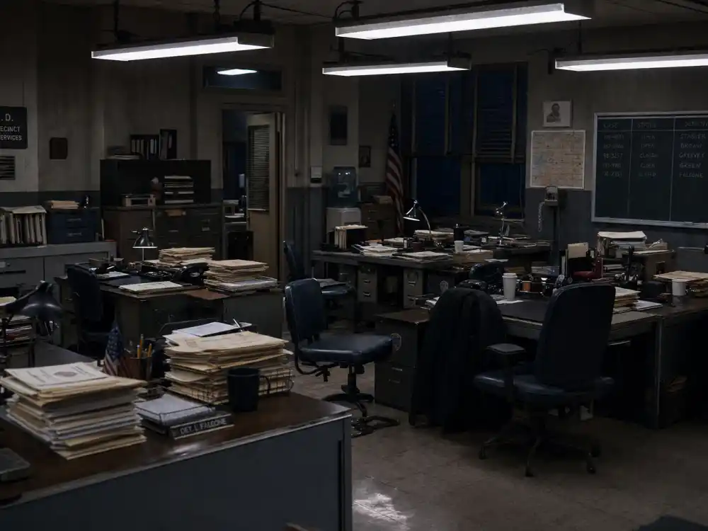 An empty NYPD detective bullpen at night representing Rick Schroder NYPD Blue Danny Sorenson era