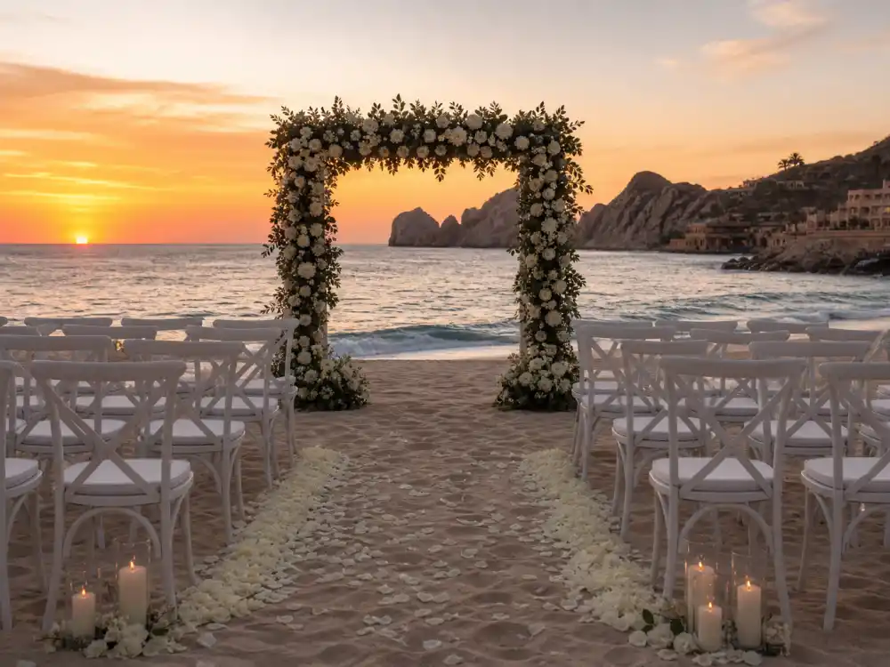A Cabo beach wedding setup at sunset for Rick Schroder marriage to Julie Trammel in July 2025