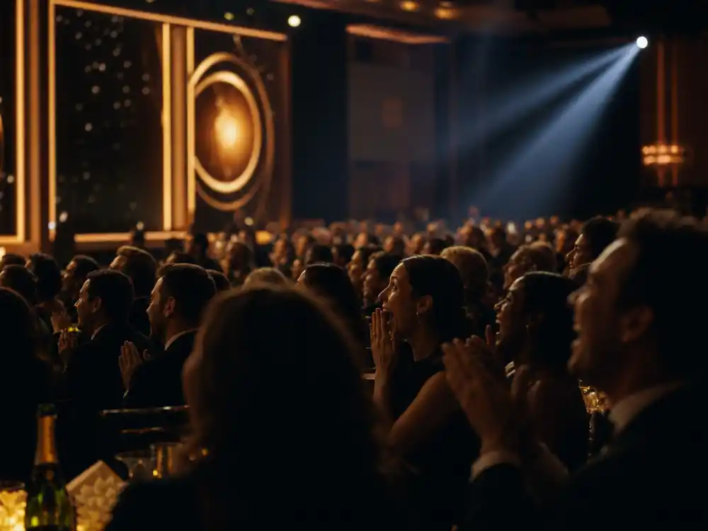 Laughing and gasping audience silhouettes react to punchlines analyzed in Ricky Gervais Golden Globes monologues explained across six hosting returns