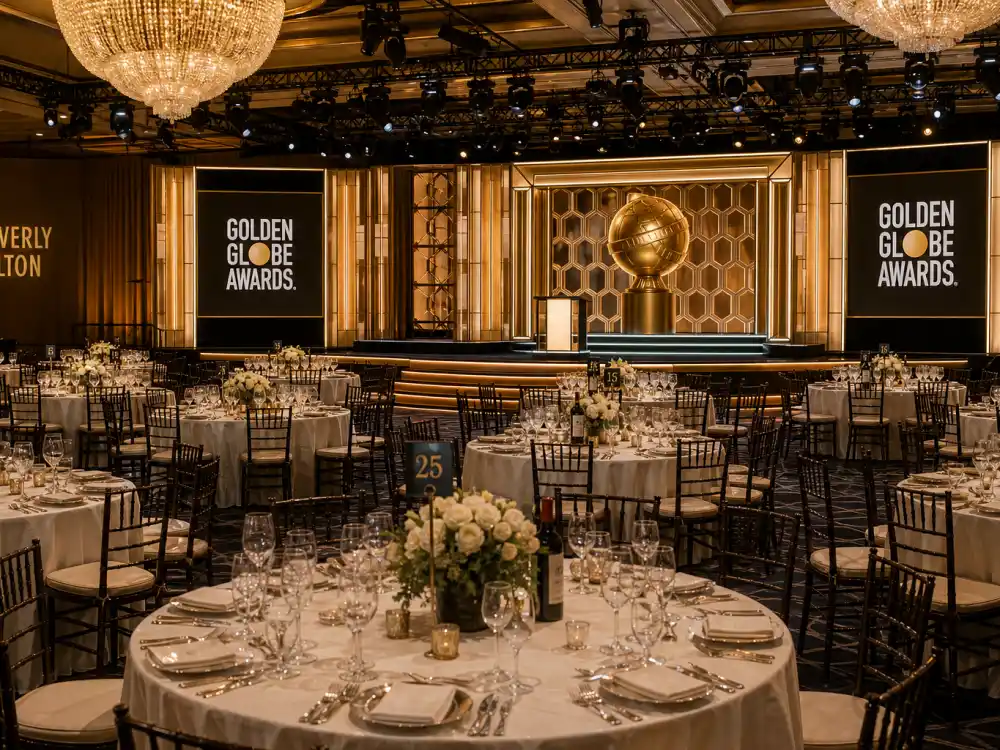 Beverly Hilton ballroom tables set for nights chronicled in Ricky Gervais Golden Globes monologues explained — intimate dinner-party layout that amplifies roast jokes
