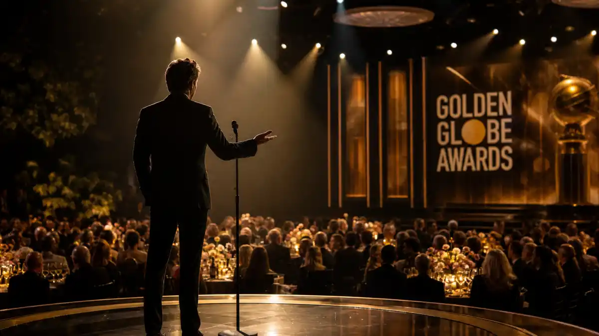 Ricky Gervais Golden Globes monologues explained — anonymous host silhouette at podium microphone on Beverly Hilton Golden Globe Awards stage under spotlights