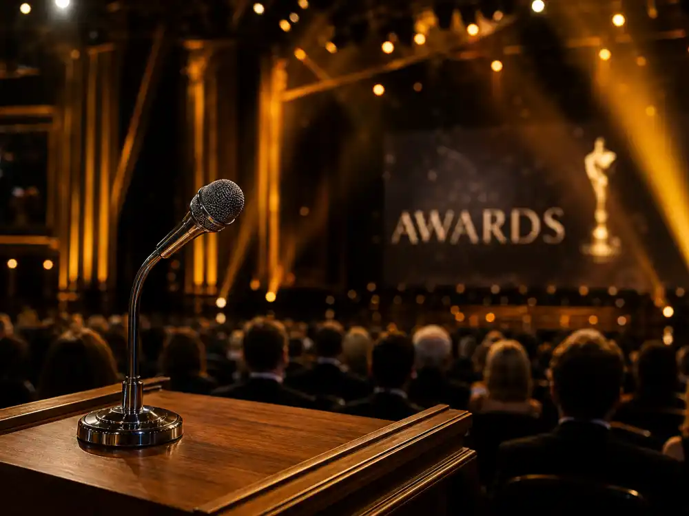 Chrome lectern microphone where Ricky Gervais Golden Globes monologues explained line-by-line breakdowns begin each January NBC telecast