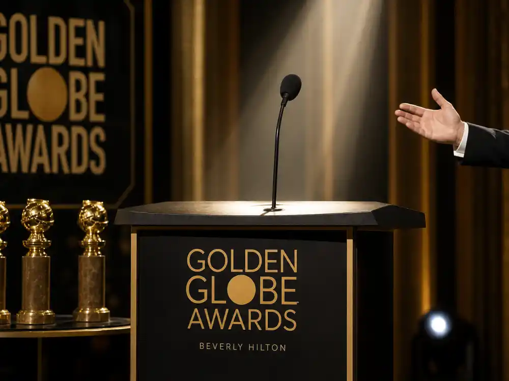 Spotlit podium microphone during Ricky Gervais Golden Globes monologues explained ceremony years when NBC turned the Beverly Hilton into roast television