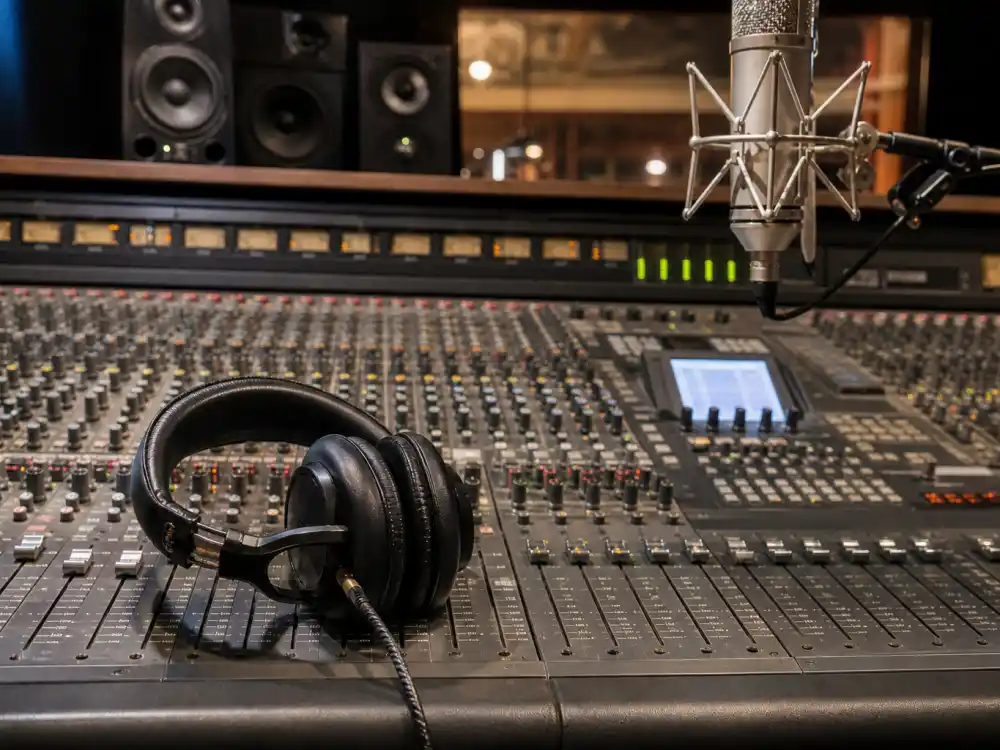 Music studio mixing desk reflecting Rihanna age and birthday 2026 career arc from Barbados talent shows to global pop dominance and Super Bowl halftime history