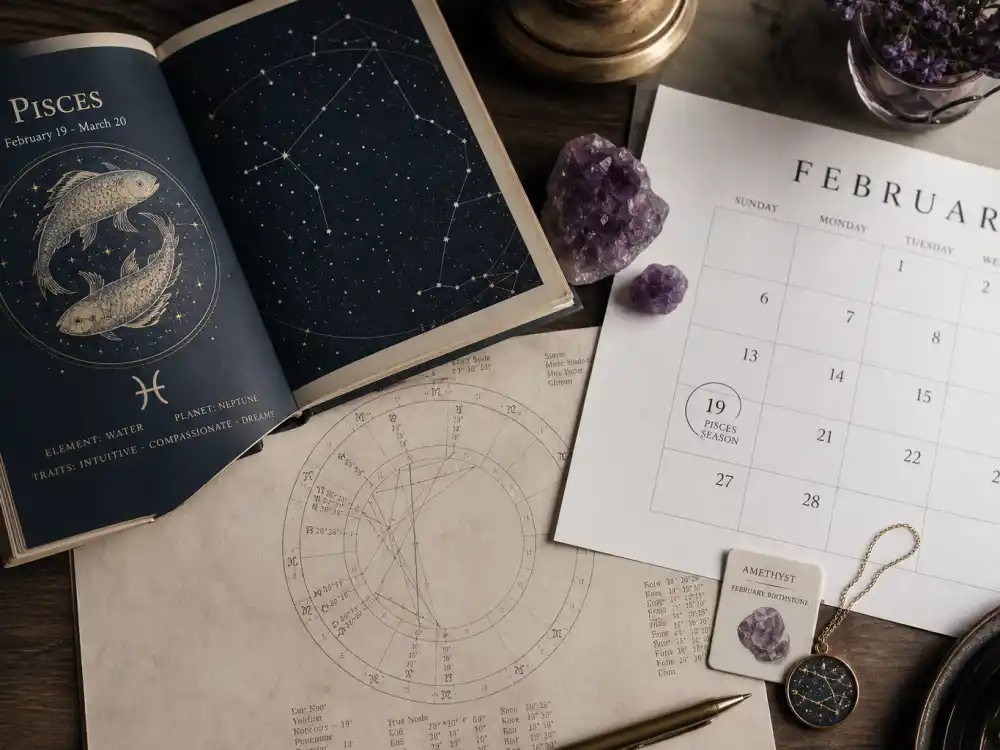 Pisces zodiac chart beside February calendar for Rihanna age and birthday 2026 — February 20 birth date places her under Pisces in Western astrology