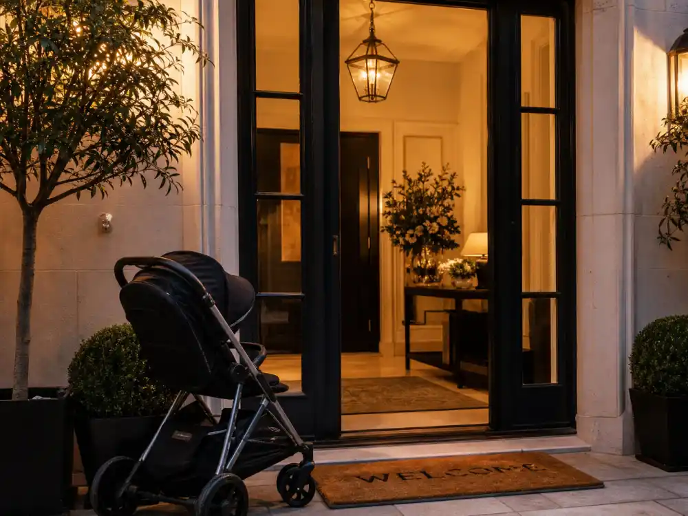Luxury family home doorstep with stroller for Rihanna baby third child privacy-first family life after Rocki Irish arrival