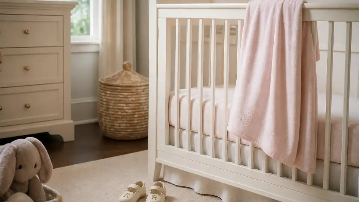 Rihanna baby third child nursery hub — cream crib with pink blanket and tiny R-monogram shoes in soft natural light