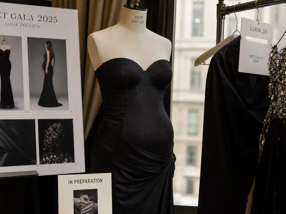 Black formal tailoring on rack for Rihanna baby third child Met Gala May 2025 pregnancy announcement context