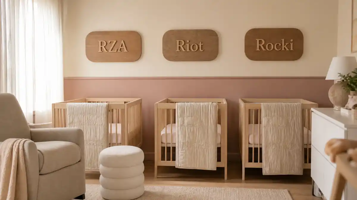 Rihanna children names ages and RZA — Fenty nursery with RZA Riot and Rocki name plaques and three cribs without faces
