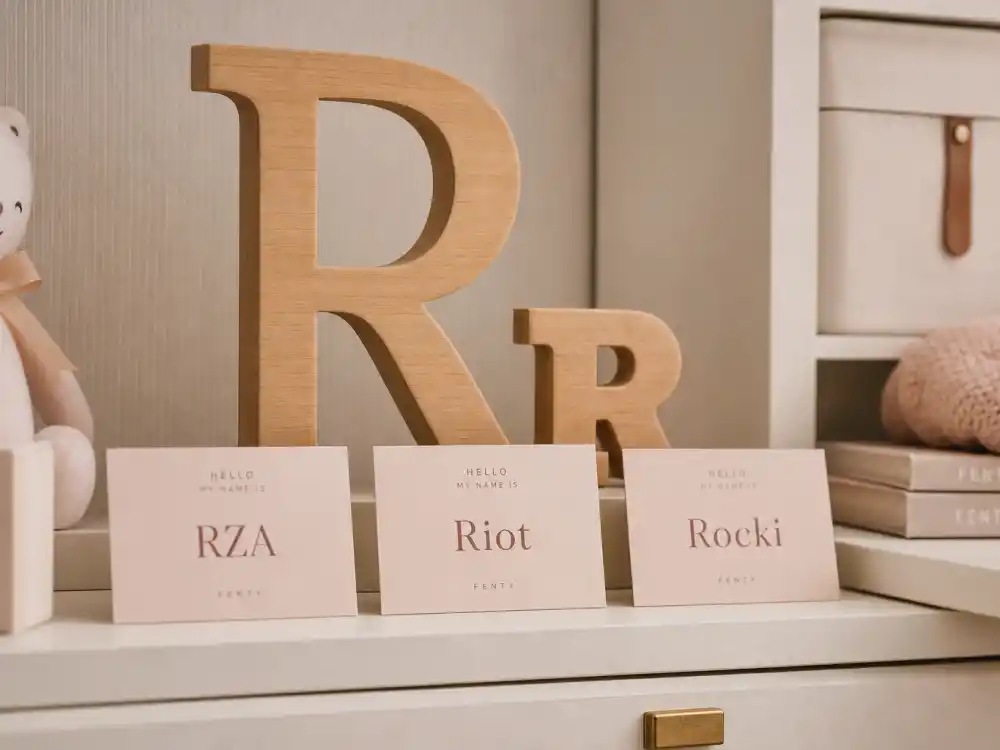 Wooden R letter blocks with RZA Riot Rocki name cards for Rihanna children names ages and RZA Mayers family tradition