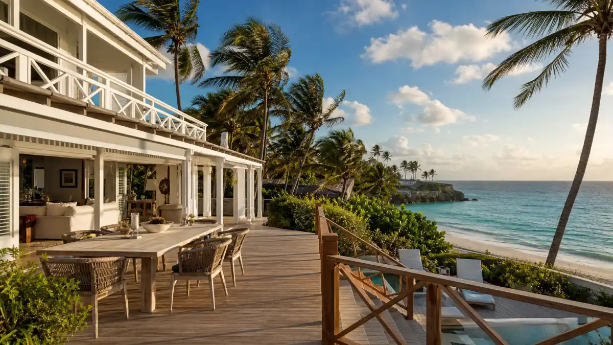 Rihanna family life Barbados and LA — tropical Barbados beach house exterior with palm trees and turquoise ocean, no faces visible