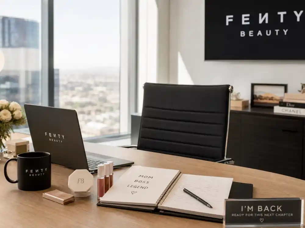 Fenty office return desk with cosmetics samples in Rihanna maternity leave comeback timeline — empire comeback between verified maternity leave chapters