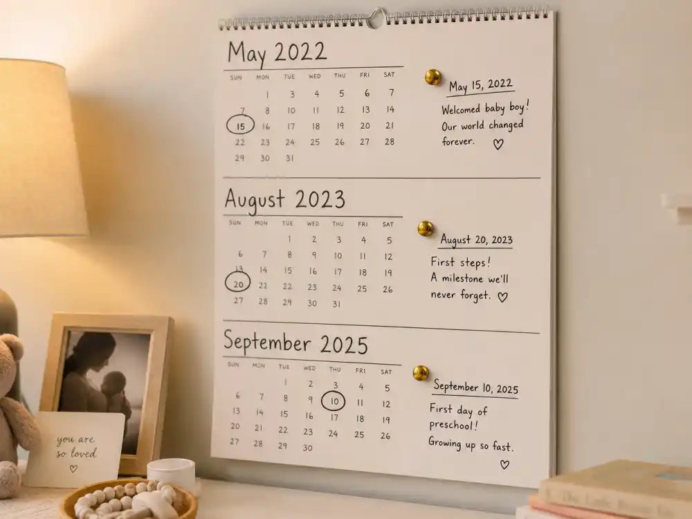 Handmade motherhood calendar with 2022 2023 2025 circled dates in Rihanna maternity leave comeback timeline — verified milestone years per People