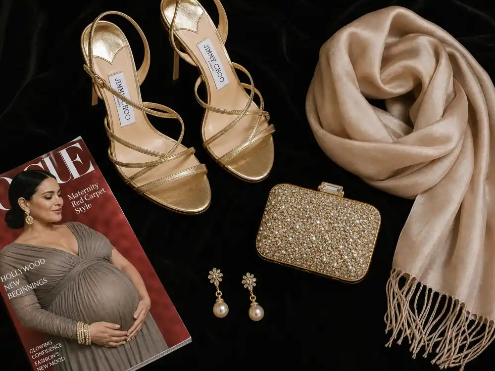 Maternity red carpet accessories flat lay with gold heels clutch and pearls completing Rihanna maternity red carpet looks styling