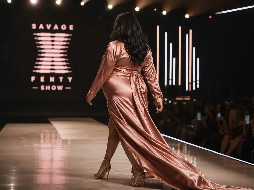 Rose gold satin maternity wrap gown on runway at fashion show reflecting Rihanna maternity red carpet looks bold reveal energy