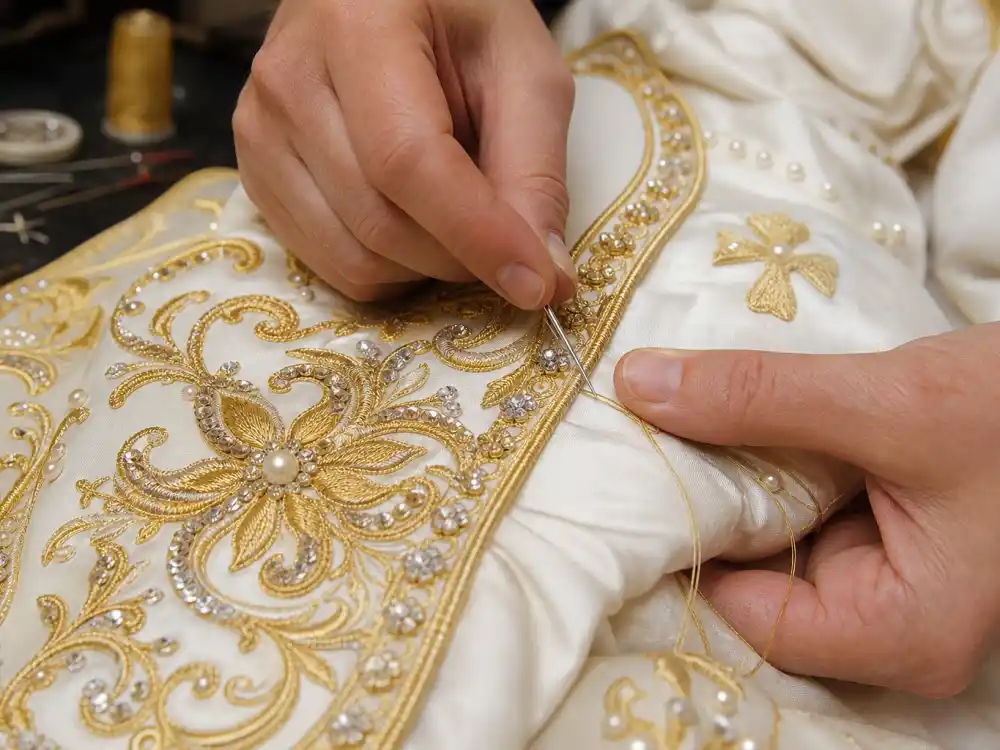Hand embroidery of gold thread and pearls on ivory silk defining the 500-hour couture craft of the Rihanna papal Met Gala outfit