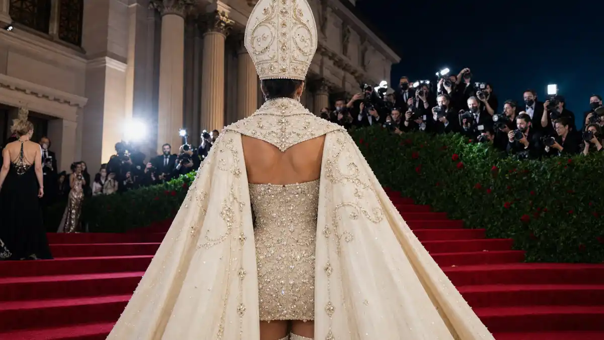 Rihanna papal Met Gala outfit — ivory Maison Margiela bishop mitre, bejeweled strapless mini dress, and embroidered ceremonial robe on museum steps seen from behind